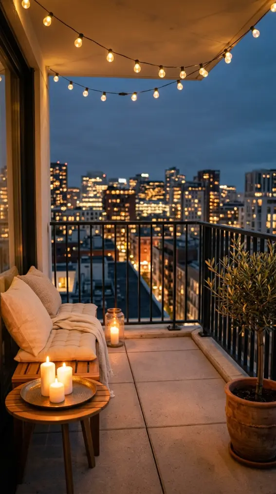 16 Minimal Outdoor Living Space Design for a Small Balcony 14 14. The Minimal Evening Ritual — Candles and City View