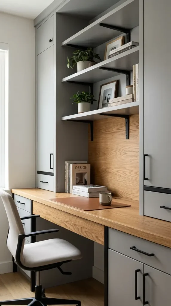 22 Home Office Inspiration Built-In Alcove Maximized 14 14. The Mixed Material Composition — Wood, Paint, and Metal Layering