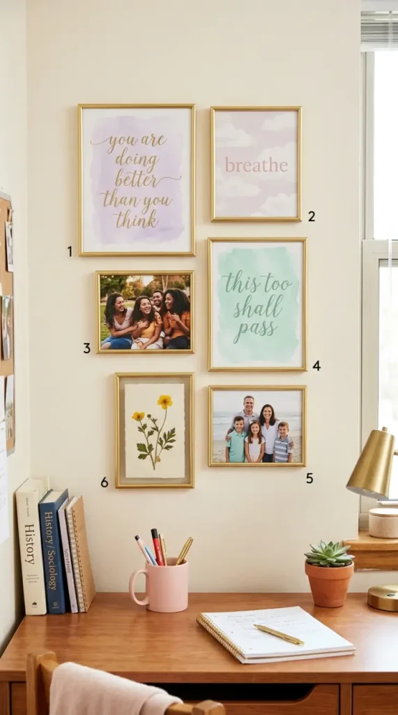 24 College Bedroom Ideas Pastel Girly Aesthetic Dreamy Style 14 14. The Pastel Gallery Wall with Motivational Prints — Inspirational Soft Typography