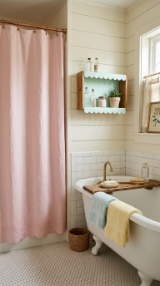 24 Small Bathroom Decor with Bathtub Caddies Vintage Pastel 14 14. The Scalloped Edge Detail Throughout — Soft Curved Vintage Trim