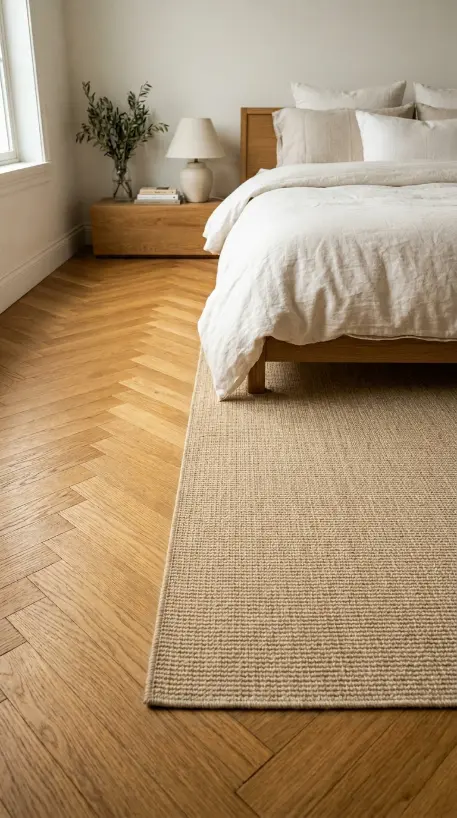 16 Minimalist Luxury Bedroom Quiet Luxury Linen Neutral Warm 14 14. Warm Herringbone Oak Floor Meeting a Sisal Area Rug