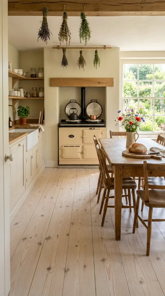 27 Light Wood Flooring for Farmhouse Whitewashed Pine Style 14 14. Whitewashed Pine in a Farmhouse Kitchen with Cream Aga