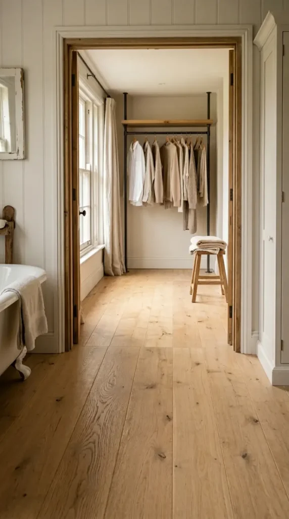 26 Light Wood Flooring for Farmhouse Wire-Brushed Oak Bath 14 14. Wire-Brushed Oak Floor Running Into an Adjoining Dressing Room