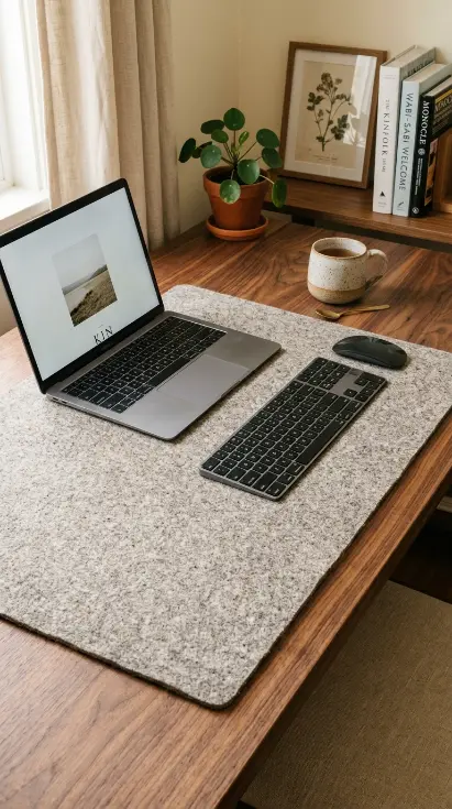 26 Cozy Home Office Warm Wood Linen Neutral Style Ideas 15 15. A Wool Felt Desk Pad Instead of a Plastic Mouse Mat
