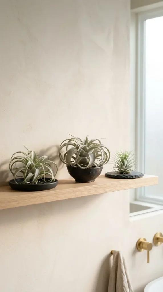 24 Modern Bathroom Plant Aesthetic Japandi Bonsai Minimal 15 15. Air Plant Display in Minimal Dark Ceramic Forms