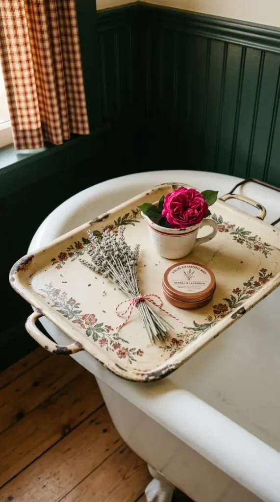 18 Bathtub Caddy Vintage Clawfoot Rustic Wood Floral Brass 15 15. Antique Painted Enamel Tin Tray Caddy on a Clawfoot Tub