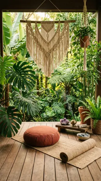 17 Indoor Outdoor Living Boho Macramé Jungle Garden View 15 15. Boho Indoor Outdoor Yoga and Meditation Space With Jungle View