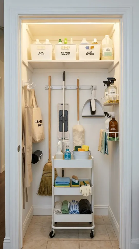 27 Cleaning Closet Organization Tiered Rolling Cart Ideas 15 15. Cleaning Closet Wall Organization — Complementing the Rolling Cart