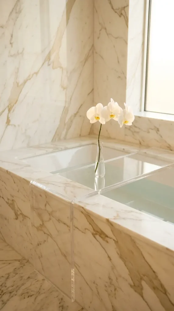 20 Bathtub Tray Clear Acrylic Modern Minimal Floating Look 15 15. Clear Acrylic Tray in a Marble Bathroom With a Single Orchid