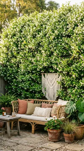28 Outdoor Patio Ideas for a Boho Layered Living Room 15 15. Climbing Plants on Walls and Fences as Living Backdrop