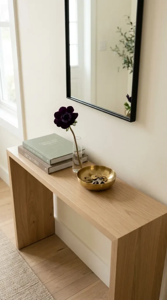 17 Flower Aesthetic Home Decor Entryway Console Quiet Luxury 15 15. Console Styled With Books a Single Anemone and a Brass Bowl