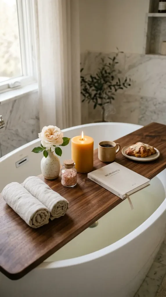 18 Bath Tub Decor Ideas Freestanding Tray Quiet Luxury 15 15. Create a Complete Weekend Morning Quiet Luxury Tray