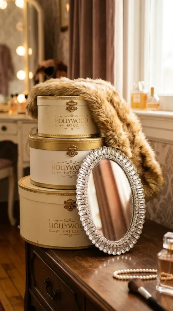 16 Bedazzled Mirror Vanity Crystal Old Hollywood Glam Decor 15 15. Crystal Mirror Tray Leaning Against a Stack of Hatboxes