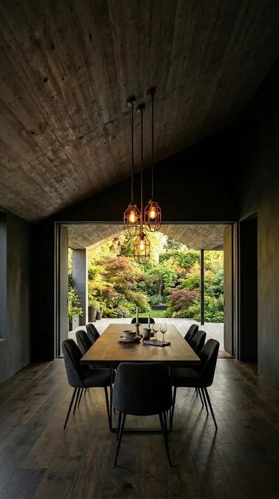 28 Indoor Outdoor Living Dark Dining Room Pocket Doors 15 15. Dark Dining Room with Raked Concrete Ceiling
