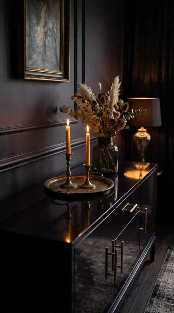 20 Vintage Home Aesthetic Glamouratti Moody Apartment 15 15. Dark Lacquered Furniture — Cabinets Side Tables Console Tables