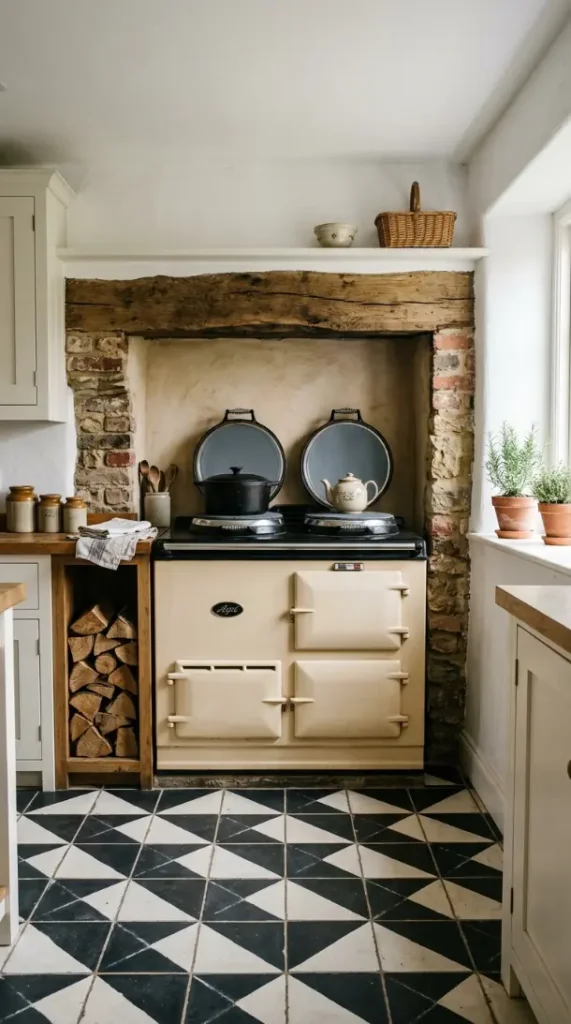 26 Kitchen Flooring Ideas for Farmhouse Black White Encaustic 15 15. Encaustic Floor With Cream Aga and Original Farmhouse Range Alcove