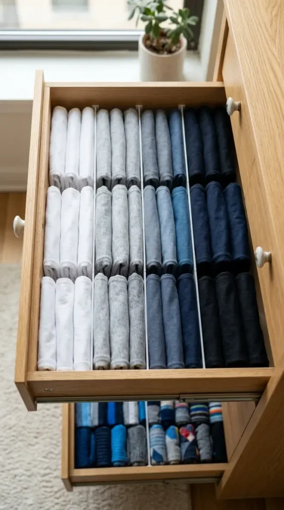 25 Small Storage Closet Organization Tiny Apartment Ideas 15 15. Folding Technique Display — The KonMari Vertical Fold for Drawer Space
