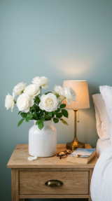 17 Bedroom Aesthetic Coastal Grandmother Sea Glass Blue 15 15. Fresh White Flowers on the Nightstand as the Living Detail