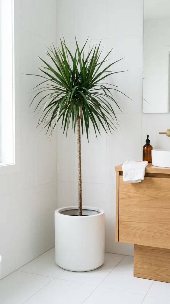 28 Minimal Bathroom Plants Decor Inspiration Oak White Style 15 15. Large White Ceramic Planter on Oak Bathroom Floor