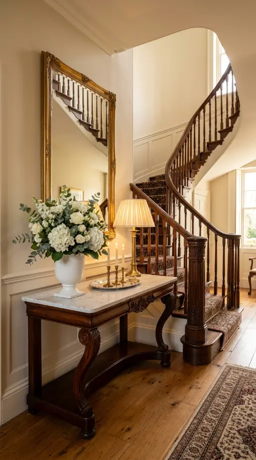26 Entryway Console Table Ideas Traditional Marble Top 15 15. Marble Top Console With a Staircase Beyond