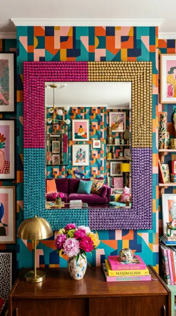 20 Bedazzled Mirror Disco Ball Living Room Maximalist Wall 15 15. Mirror Wall Bedazzled With Rhinestones in a Bold Color Blocked Pattern