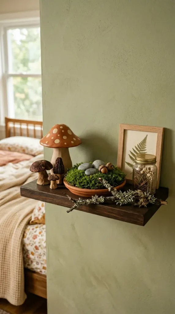 32 Cute Room Ideas for a Dreamy Cottagecore Bedroom 15 15. Mushroom and Forest Floor Inspired Cottagecore Shelf