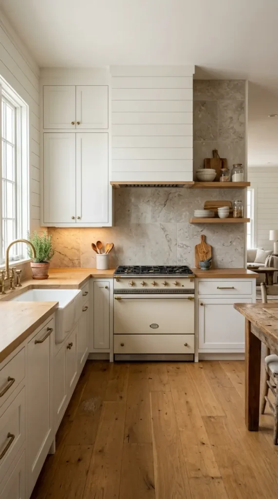 30 Modern Farmhouse Interior Design Seamless Floor Open Plan 15 15. Natural Stone Kitchen Backsplash in Modern Farmhouse Open Plan