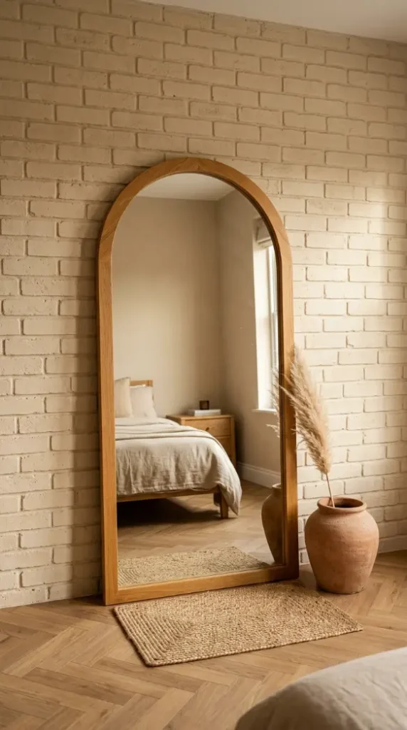 17 Big Mirror in Bedroom Oversized Oak Arch Warm Neutral 15 15. Oak Arch Mirror Leaned Against Warm Neutral Bedroom Brick Wall