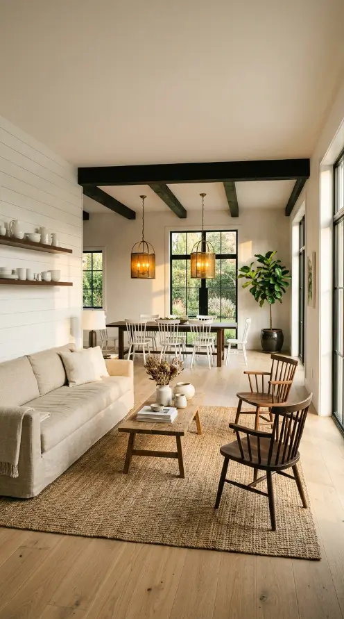 16 Modern Farmhouse Interior Design Seamless White Oak Floor 15 15. Open Plan Modern Farmhouse Living and Dining