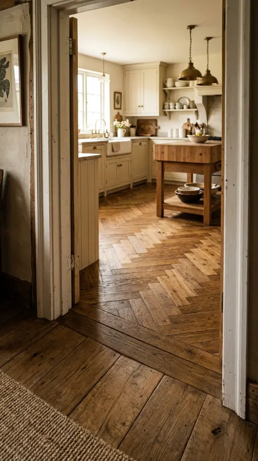 25 Kitchen Flooring Ideas for Farmhouse Herringbone Reclaimed 15 15. Reclaimed Herringbone at the Kitchen Entrance — Transition Detail