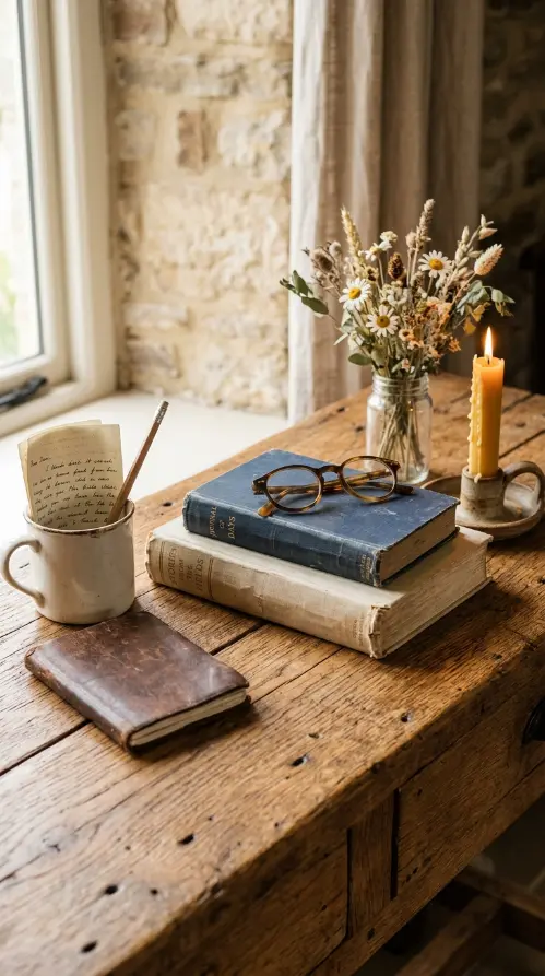 26 Console Table Styling Reclaimed Wood Rustic Farmhouse 15 15. Reclaimed Wood Console With Books, Reading Glasses, and Personal Objects