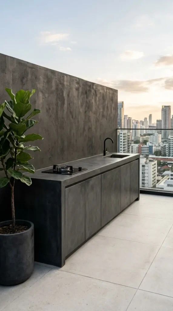 26 Minimal Outdoor Living Space Design for a Rooftop Terrace 15 15. Rooftop Terrace With Outdoor Kitchen Strip