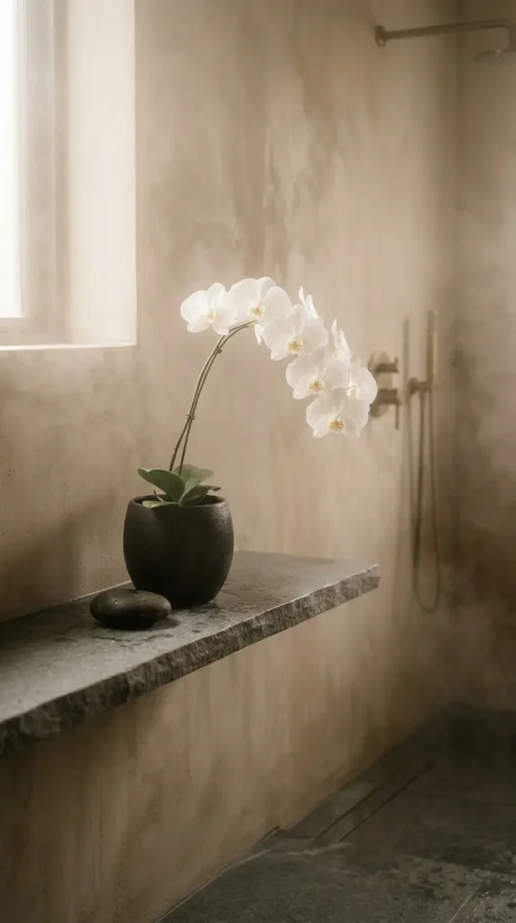 26 Bathroom Shelf Plants Decor Japandi Orchid Minimal 15 15. Shelf with Orchid and Bathroom Steam — Misty Morning