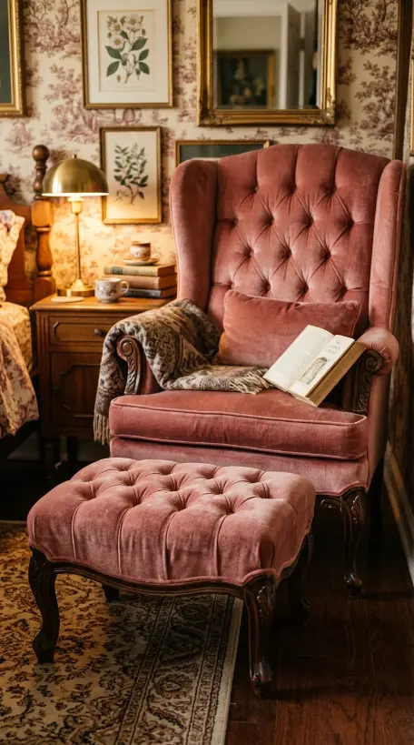 19 Comfy Reading Chair Vintage Pink Velvet Bedroom Maximalist 15 15. Small Ornate Footstool in Matching Pink Velvet Before the Chair