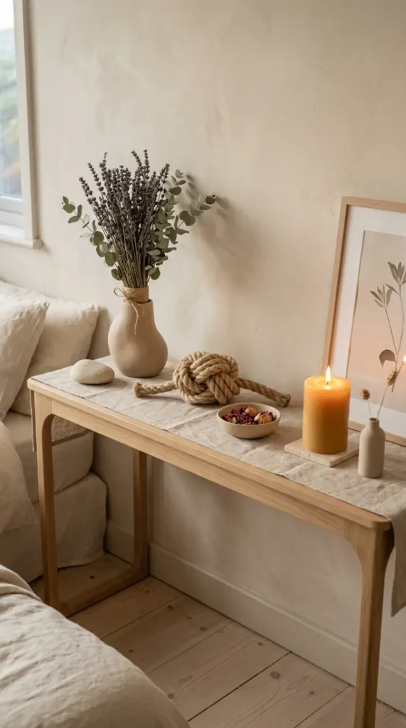 16 Console Table Styling Curved Soft Beige Rope Knot 15 15. Soft Beige Console Styling in a Bedroom Setting