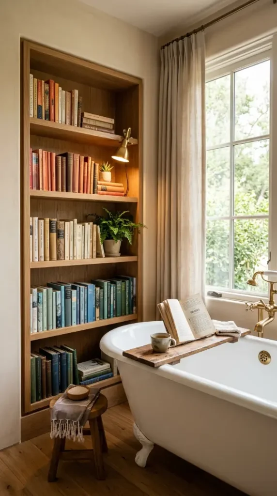 25 Bathtub Tray Ideas Reading Book Lover Cozy Style 15 15. The Bookshelf Bathroom — Built-In Library Beside the Tub
