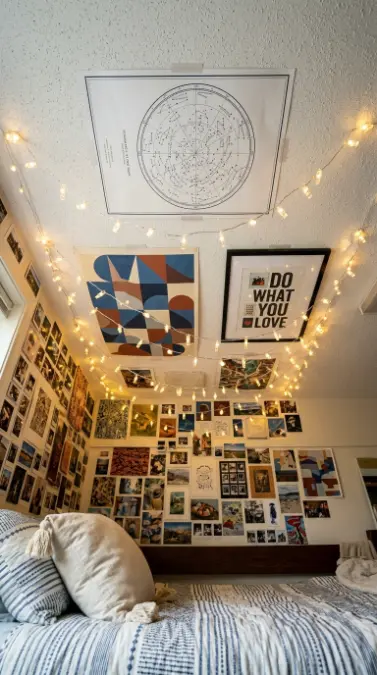 26 Dorm Bed Inspo Maximalist Gallery Wall Twin XL Style 15 15. The Ceiling Treatment Extension — Vertical Wall-to-Ceiling Continuity