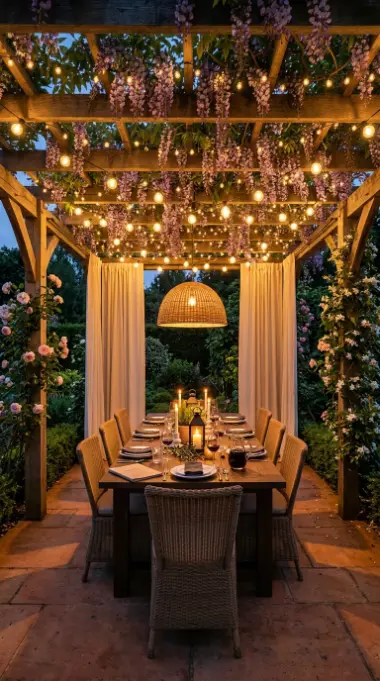 26 Outdoor Patio Ideas With a Cozy Pergola Dining Setup 15 15. The Complete Cozy Pergola Dining Patio — Summer Evening