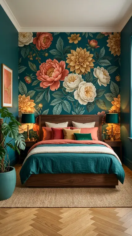 15 Vibrant Floral Wallpaper Accent Wall Room Decor 15 15. The Fully Resolved Maximalist Floral Bedroom — Jewel Toned Floral Accent Wall Complete Room Composition