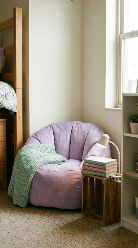 24 College Bedroom Ideas Pastel Girly Aesthetic Dreamy Style 15 15. The Pastel Bean Bag or Floor Cushion Reading Nook — Soft Secondary Seating