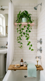 24 Small Bathroom Decor with Bathtub Caddies Vintage Pastel 15 15. The Small Apartment Bathtub with Caddy and Plant Shelf — Maximizing Vertical Space