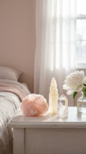 17 Bedroom Aesthetic Romantic Soft Luxe Peony Silk Style 15 15. Use a Crystal or Rose Quartz Bedside Object Cluster