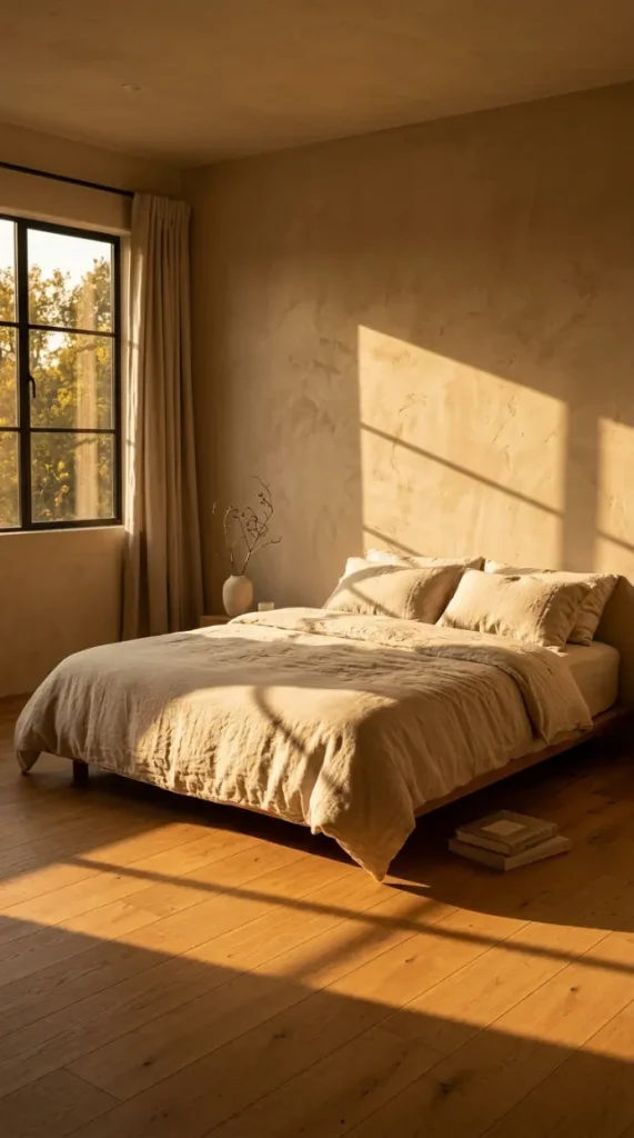 16 Minimalist Luxury Bedroom Quiet Luxury Linen Neutral Warm 15 15. Warm Bedroom in Late Afternoon Golden Hour Light