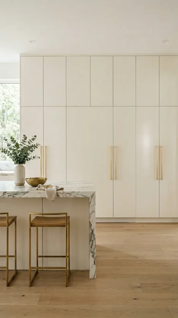 16 Minimalist Luxury Kitchen Sculptural Island Calacatta Stone Brass 15 15. Warm Kitchen With Concealed Integrated Refrigerator Panel