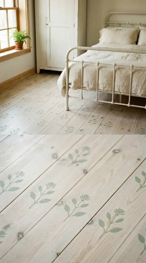 27 Light Wood Flooring for Farmhouse Whitewashed Pine Style 15 15. Whitewashed Pine — Painted Floorboards Stencil Detail
