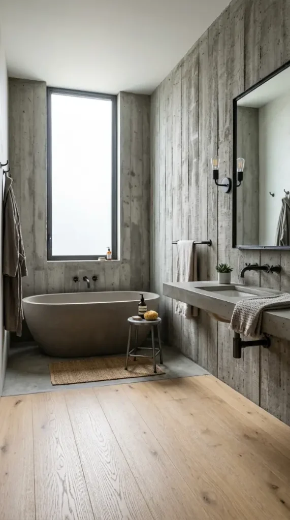 26 Light Wood Flooring for Farmhouse Wire-Brushed Oak Bath 15 15. Wire-Brushed Oak Floor With Concrete Walls and Industrial Farmhouse Character