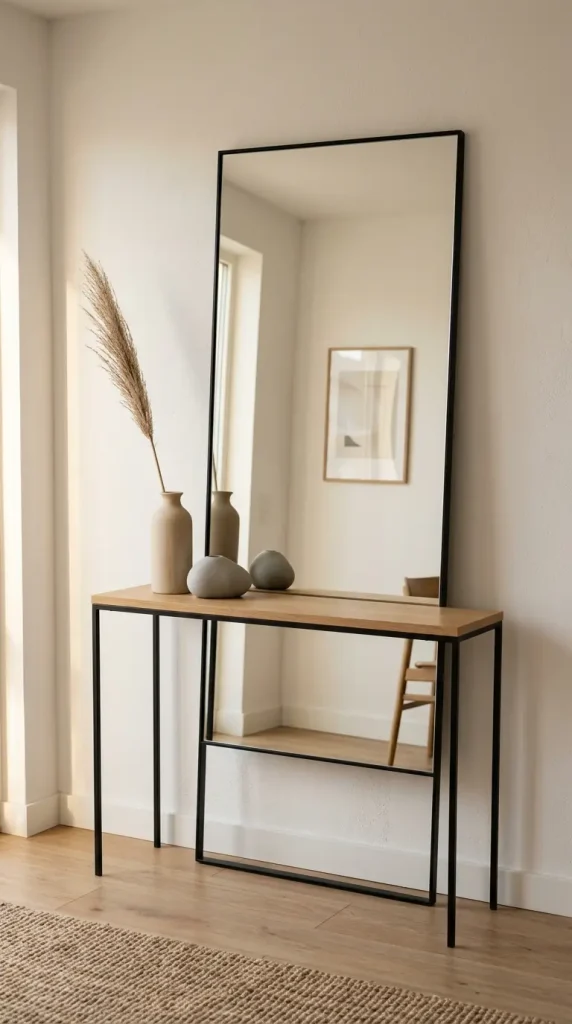 25 Full Length Mirror Living Room Slim Black Frame Minimal 15 15. With a Minimal Console Table and Two Objects in Front