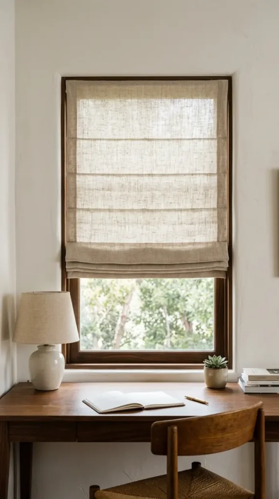 26 Cozy Home Office Warm Wood Linen Neutral Style Ideas 16 16. A Linen Roman Shade as an Alternative to Curtains