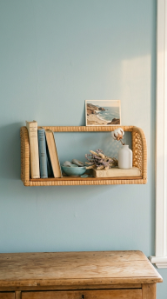 17 Bedroom Aesthetic Coastal Grandmother Sea Glass Blue 16 16. A Vintage Wicker or Rattan Shelf for Books and Small Objects