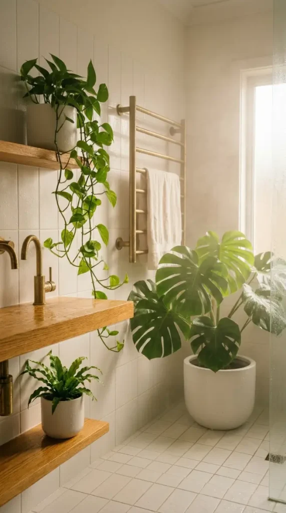28 Minimal Bathroom Plants Decor Inspiration Oak White Style 16 16. Bathroom Steam and Oak White — Tropical Plant Atmosphere